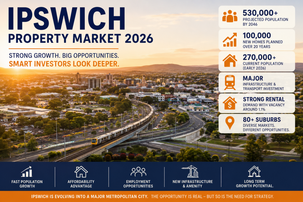Ipswich property market 2026 infographic over a sunset city skyline, with a right-side stack of stats about population, homes planned, current population, infrastructure, and rental demand.