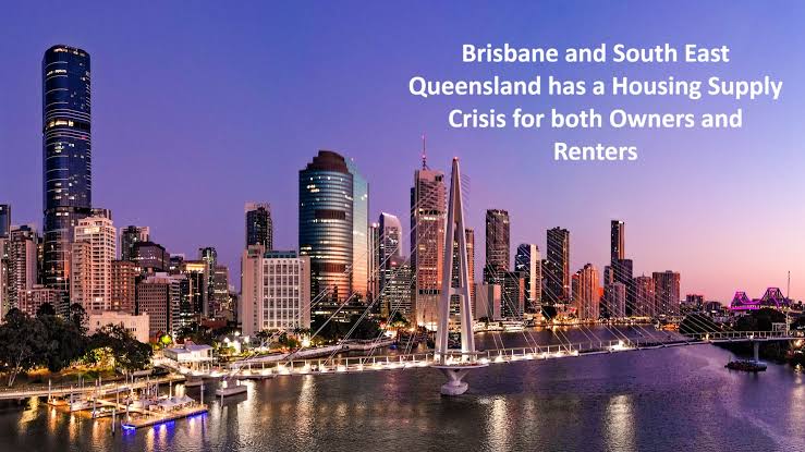 Evening Brisbane skyline with a white overlaid message: 'Brisbane and South East Queensland has a Housing Supply Crisis for both Owners and Renters'