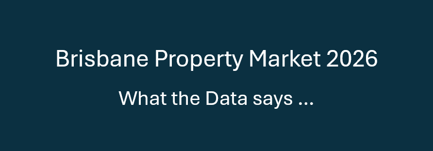 Dark teal hero banner with white text: 'Brisbane Property Market 2026' and subtitle 'What the Data says …' (informative title header)