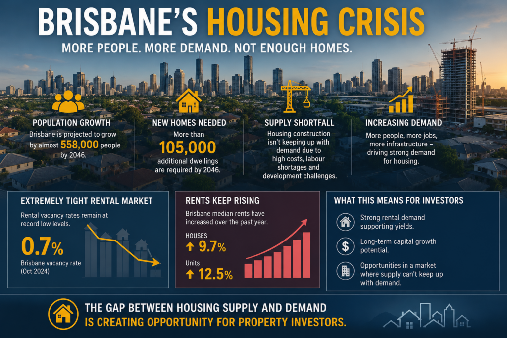 Brisbane_Housing_Crisis_2026 | Investment Property Queensland Infographic overview of Brisbane's housing crisis showing skyline and four issues: population growth, new homes needed, supply shortfall, and increasing demand with callouts and icons.