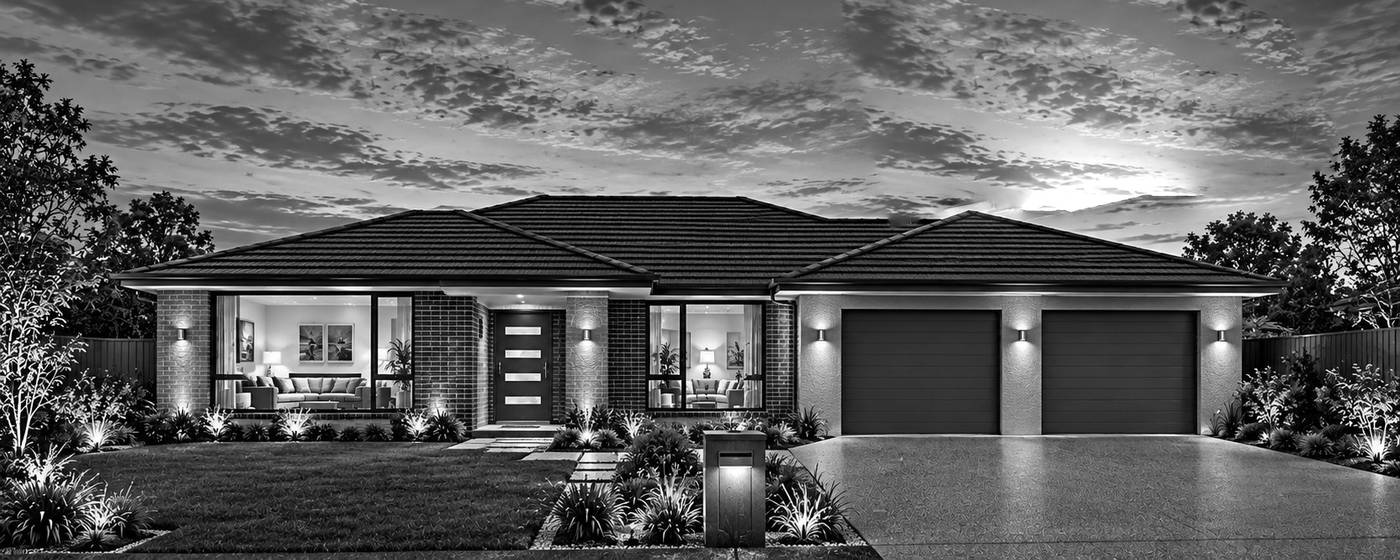 Duplex pair of single-storey homes at dusk, each with its own entry and garage