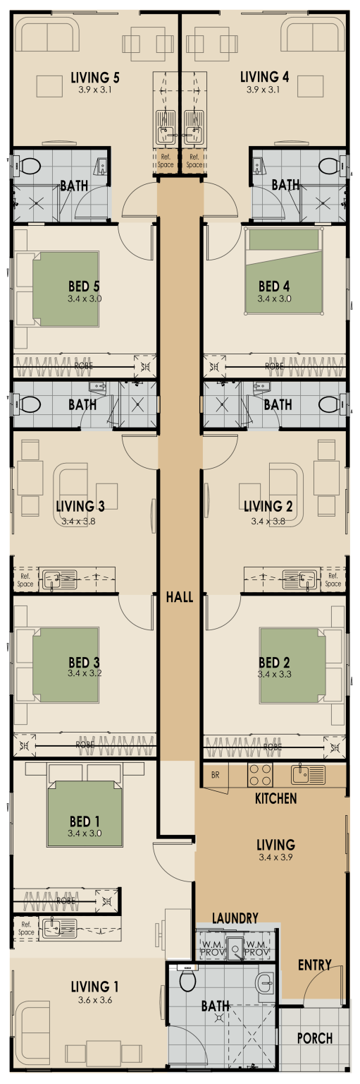 Five-suite co-living rooming house floor plan: five bedrooms, five private living rooms and five bathrooms off a central hall, with shared kitchen, living, laundry and porch