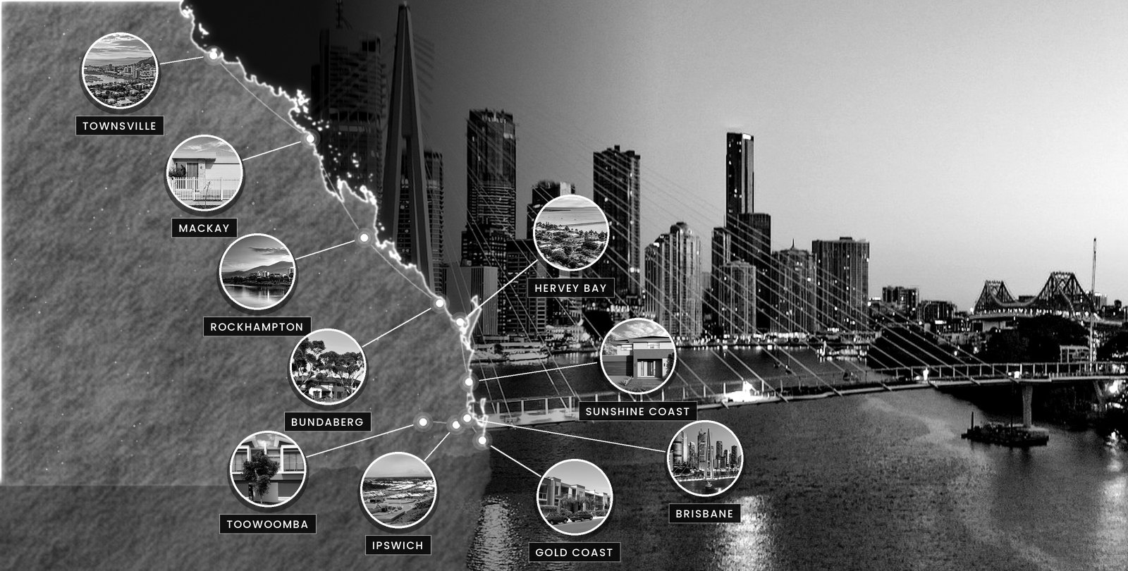 Interactive map of the Queensland locations we research: Townsville, Mackay, Rockhampton, Bundaberg, Hervey Bay, Sunshine Coast, Toowoomba, Ipswich, Brisbane and the Gold Coast